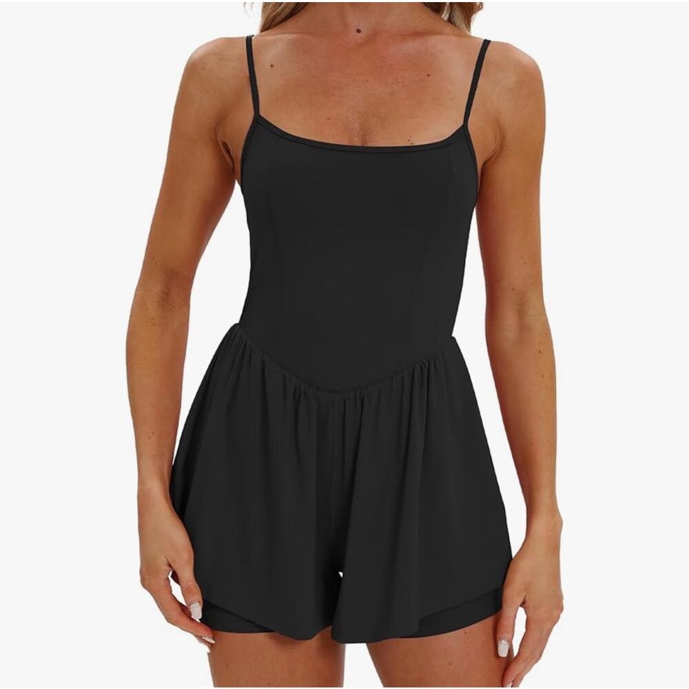 NWT Beaully Sz M Black Double Lined Shorts Athletic Romper Tenniscore Pickleball